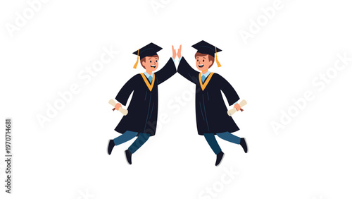 Two cheerful male graduates in caps and gowns joyfully jumping and high-fiving, celebrating their academic achievement.