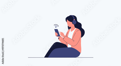 Woman with headphones listening to music on smartphone, wireless connection