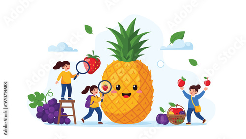 Playful scene of curious children exploring and collecting various fruits around a giant, smiling pineapple, promoting healthy eating.