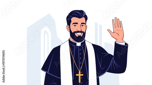 Friendly and smiling priest or minister with a beard, wearing a cassock and a prominent cross necklace, waving his hand.