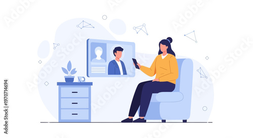 Woman Video Calling on Phone, Sitting on Sofa, Connected with Man on Screen