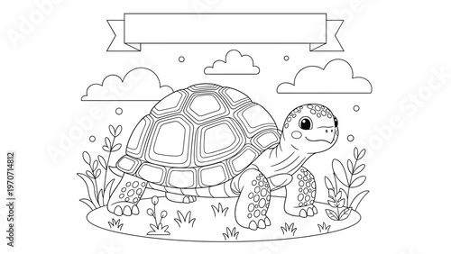 A charming outline illustration of a tortoise happily walking in a grassy field with clouds and a blank banner above, ideal for text.