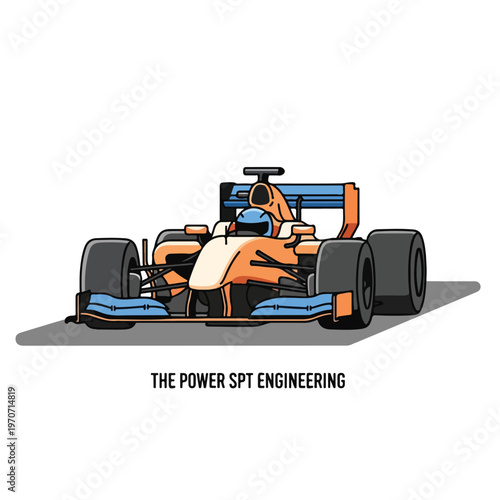 A race car with orange and blue details