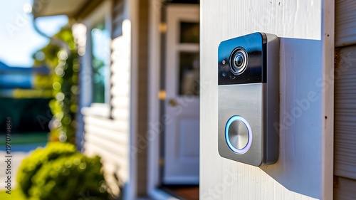 Smart video doorbell camera mounted on house wall representing home security technology
