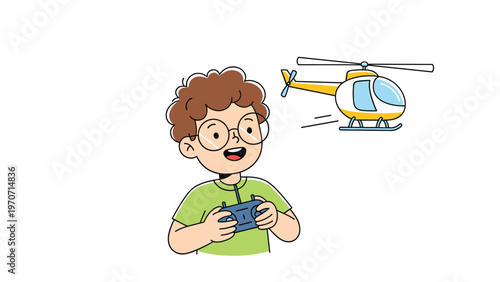 A happy boy with glasses uses a remote control to fly a toy helicopter, joyfully engaged in playing with his drone.