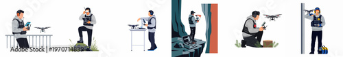 Set of illustrations featuring a professional male drone pilot operating, repairing, and flying a quadcopter in various different outdoor and indoor environments.