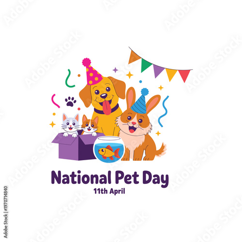 National Pet Day Vector Illustration with Cute Group of Animals Celebrating with Party Hats and Confetti