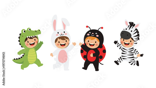 Four adorable children in animal costumes, including a crocodile, bunny, ladybug, and zebra, joyfully jump and wave, celebrating fun.