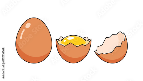 A sequence of three illustrations showing a whole brown egg, a cracked egg with yolk, and a broken eggshell, perfect for cooking themes.