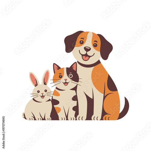 Flat Vector Illustration of a Friendly Dog, Cat, and Rabbit Sitting Together on a White Background