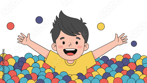 A happy boy with raised arms smiles widely, emerging from a colorful ball pit, symbolizing joyful play and the endless fun of childhood.