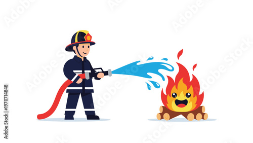 A smiling firefighter in uniform aims a hose with blue water at a happy, smiling campfire, symbolizing fire safety and controlled burning.