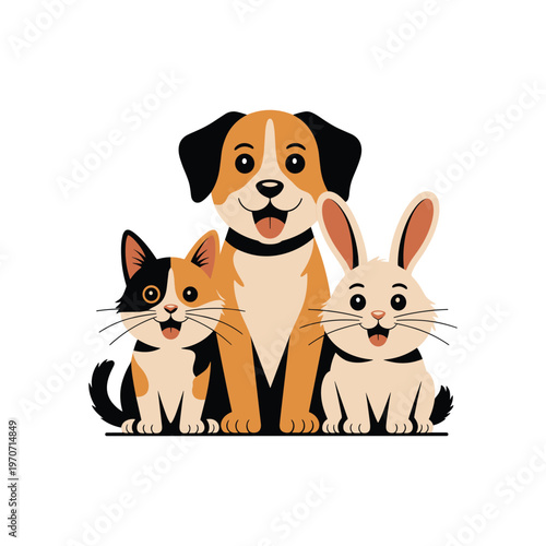Flat Vector Illustration of a Cute Dog, Cat, and Rabbit Sitting Together