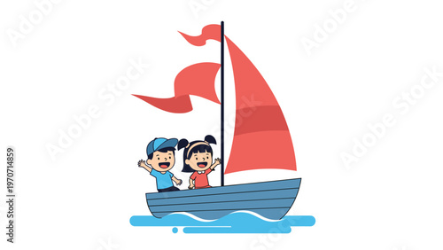 Two happy children, a boy and a girl, joyfully wave from a small sailboat with a red sail, cruising on the blue ocean waves.