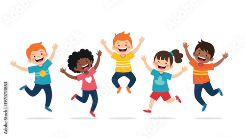 Five happy and diverse children, boys and girls, joyfully jump into the air with arms raised, celebrating fun and energy.