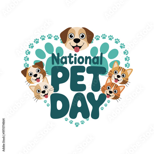 National Pet Day Typographic Illustration with Cute Cartoon Dogs and Cats in a Heart Frame