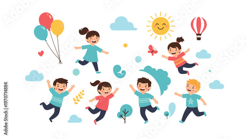 Six happy and diverse children joyfully jump and play among clouds, balloons, sun, and butterflies, symbolizing fun and freedom.