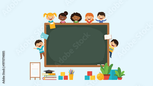 A group of diverse happy children peeking over a large blank blackboard, surrounded by various school supplies, ideal for educational themes.