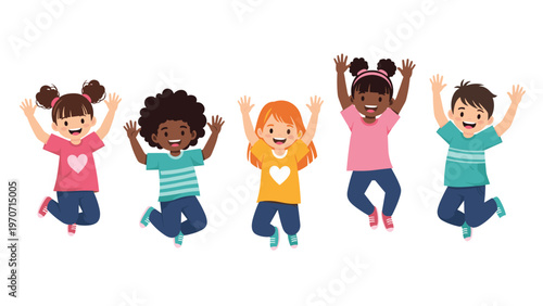 Five happy and diverse children, boys and girls, joyfully jump into the air with arms raised, celebrating fun and energy.