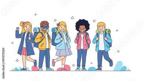 Five happy and diverse young travelers or hikers with backpacks stand together, ready for an adventure or exciting journey.