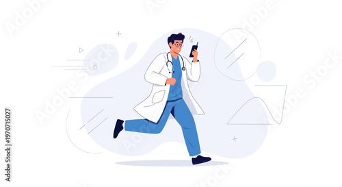 Doctor Running Urgently with Phone, Medical Emergency Concept