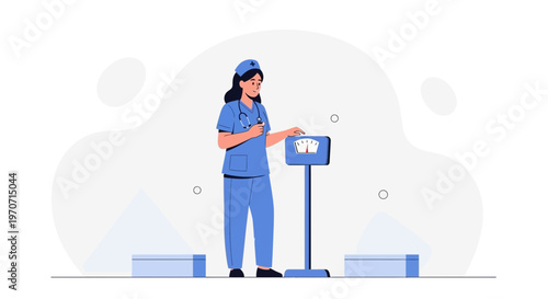 Nurse weighing patient on scale, healthcare concept, medical checkup illustration