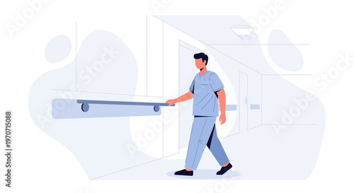 Doctor walking in hospital corridor, holding handrail, medical illustration