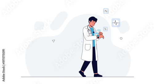 Doctor using smartwatch for health monitoring with heart rate icons, modern healthcare technology