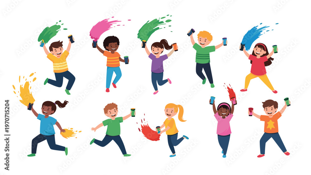 Fototapeta premium A dynamic group of ten diverse children happily jumping and playfully spraying vibrant paint, celebrating creativity and fun.