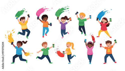 A dynamic group of ten diverse children happily jumping and playfully spraying vibrant paint, celebrating creativity and fun.