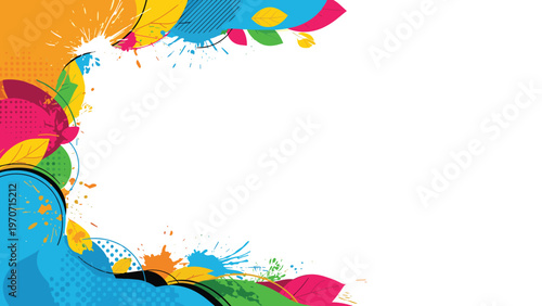 A vibrant, abstract border design with colorful leaves, paint splatters, and dynamic geometric shapes, providing a creative frame or background.