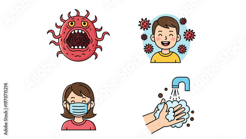 A set of four simple icons illustrating a scary virus, a happy child with viruses, a masked person, and handwashing, representing health.