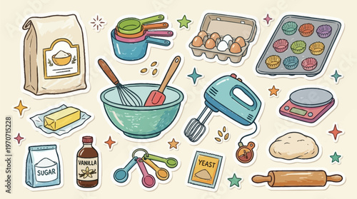 Baking Ingredients and Tools on Beige Background with Colorful Stars
