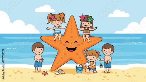 Five happy diverse children playing on a beach around a large, smiling starfish, collecting seashells under a sunny sky.