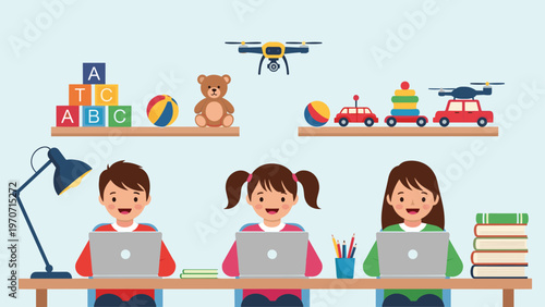 Three happy diverse children sit at a desk, each using a laptop, surrounded by educational toys and a drone, symbolizing modern learning.