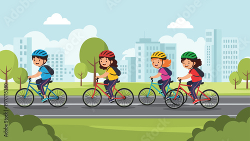 Four happy diverse children wearing helmets ride bicycles on a tree-lined city road with buildings in the background, enjoying outdoor activity.