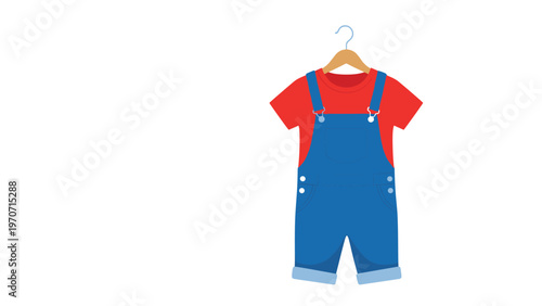A simple illustration of children's clothing: a red t-shirt and blue overalls hanging on a wooden hanger, ready to wear.