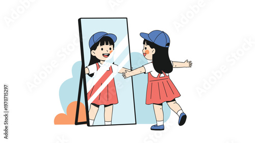 A happy little girl in a cap and dress smiles at her reflection in a full-length mirror, showcasing self-confidence and self-discovery.