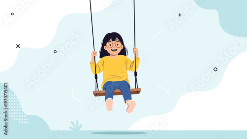 A happy girl with glasses sits on a wooden swing, smiling cheerfully, enjoying a playful outdoor activity under a clear sky.