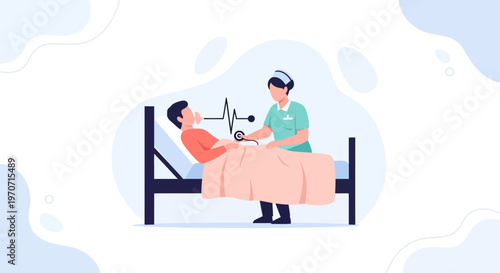 Nurse checking patient's vital signs with electrocardiogram in hospital room