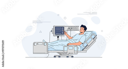 Patient Interacting with Medical Monitor in Hospital Bed