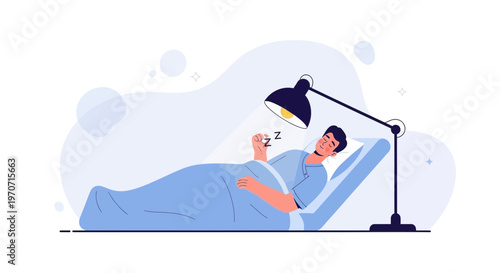 Man sleeping under a bright lamp in bed, insomnia concept