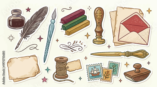 Vintage Writing Instruments and Stationery on Cream Background