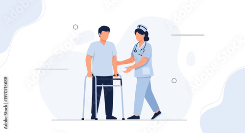 Nurse assisting patient with walker for rehabilitation and recovery