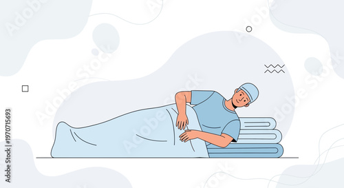 Man in bed, covered by blanket, with folded towels beside him, illustration