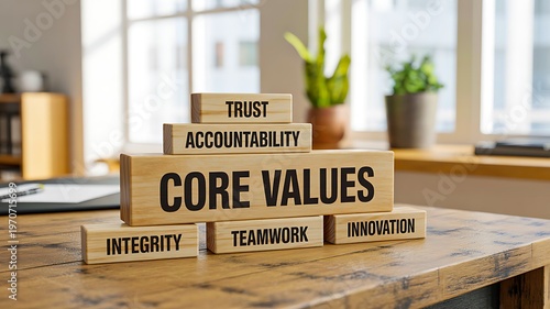 Wooden blocks with core values text representing business principles and corporate culture concept