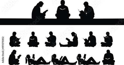 Silhouettes of people reading books in diverse seated and reclining positions, representing leisure, education, relaxation, knowledge, and contemplative activity in minimalist black design.