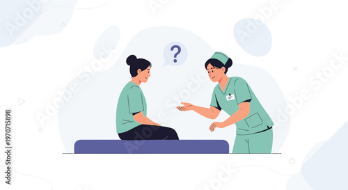 Nurse consulting with patient, question mark, medical consultation, healthcare, doctor visit