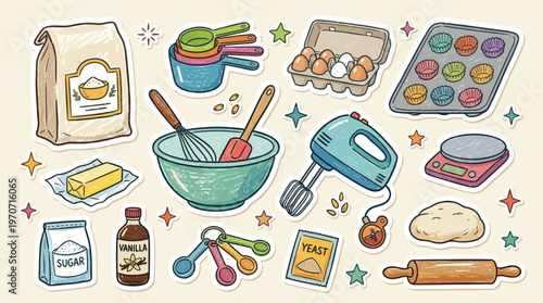 Baking Ingredients and Tools for Homemade Cake on Beige Background with Colorful Stars