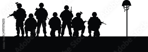 Soldier silhouettes with rifles and fallen comrade memorial, symbolizing military service, honor, remembrance, camaraderie, and respect in armed forces vector illustration design.
